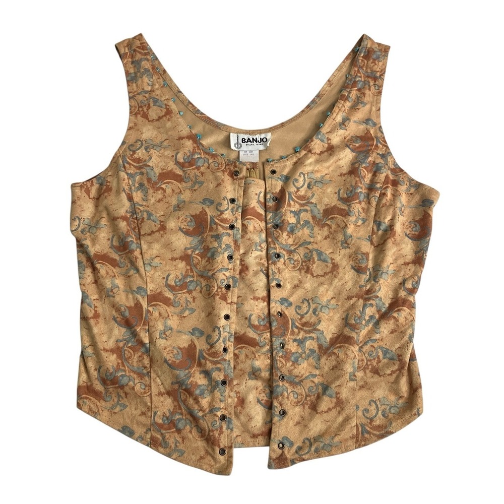 Vintage 90s Banjo Corset Top XL Floral Faux Suede Turquoise Western Southwestern